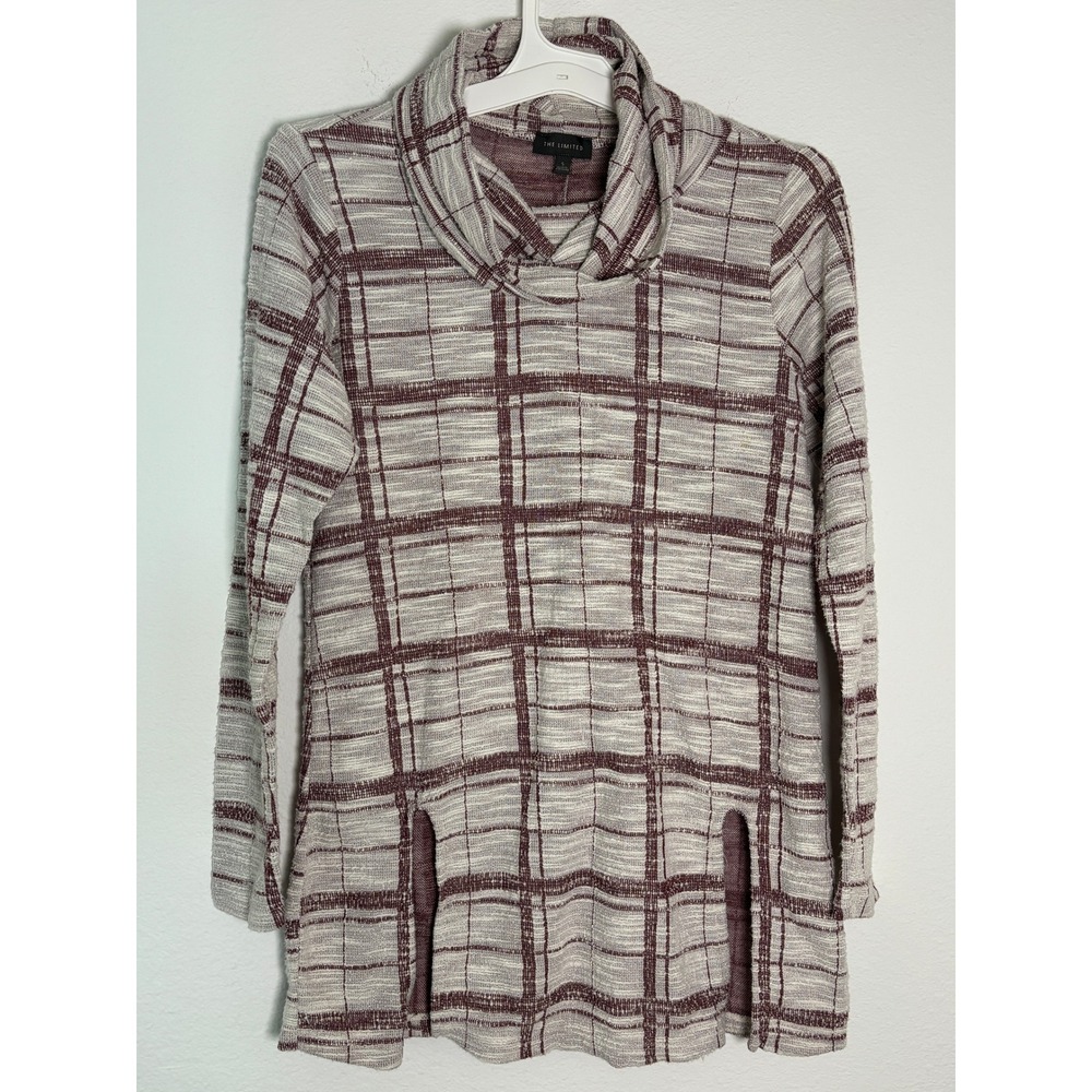 The Limited Womens Plaid Cowl Neck Tunic Sweater Burgundy Cream Size Small